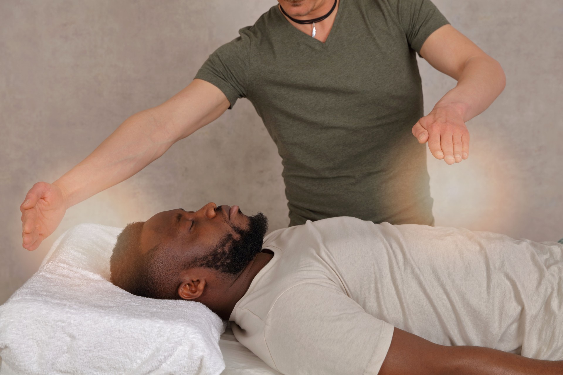 Man having energy healing treatment , alternative medicine, holistic care concept.